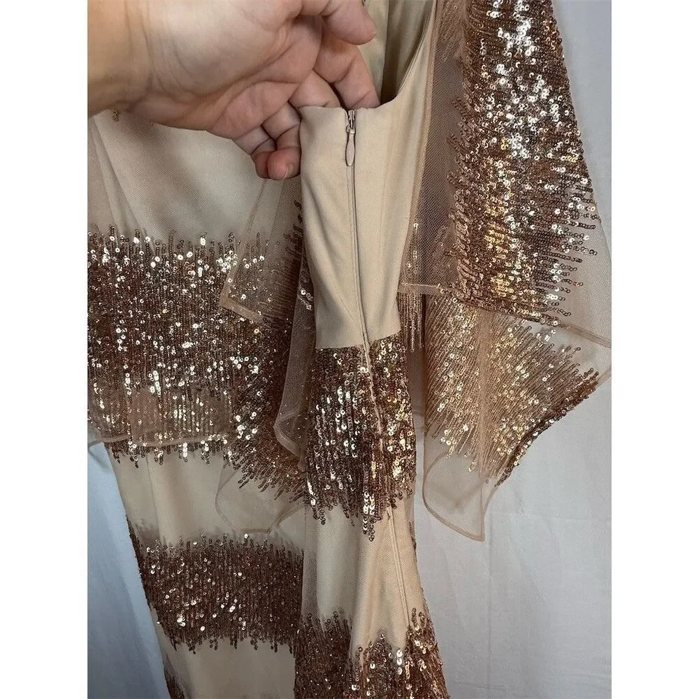 Belle Badgley Mischka Dress Womens 6 Beige Sequin Stripe Sheer Cape Cocktail - Picture 13 of 16